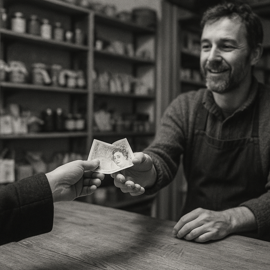 A customer supporting a local high street business by making a purchase in an independent shop