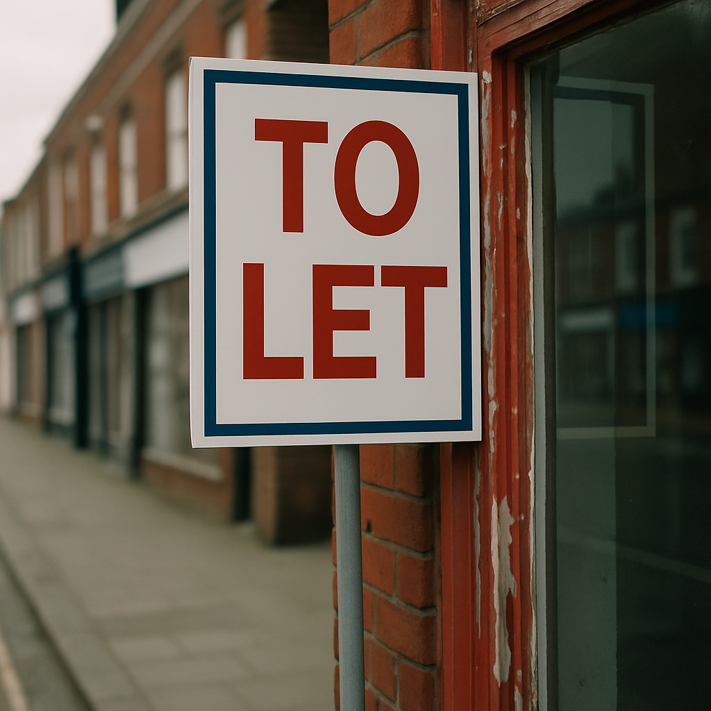 A To Let board on an empty UK town centre shop unit highlighting high street vacancy rate uk town data