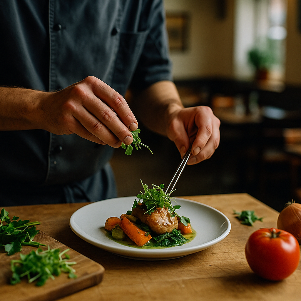 Chef plating a dish in a small independent restaurant kitchen, illustrating quality dining when searching best independent restaurants near me