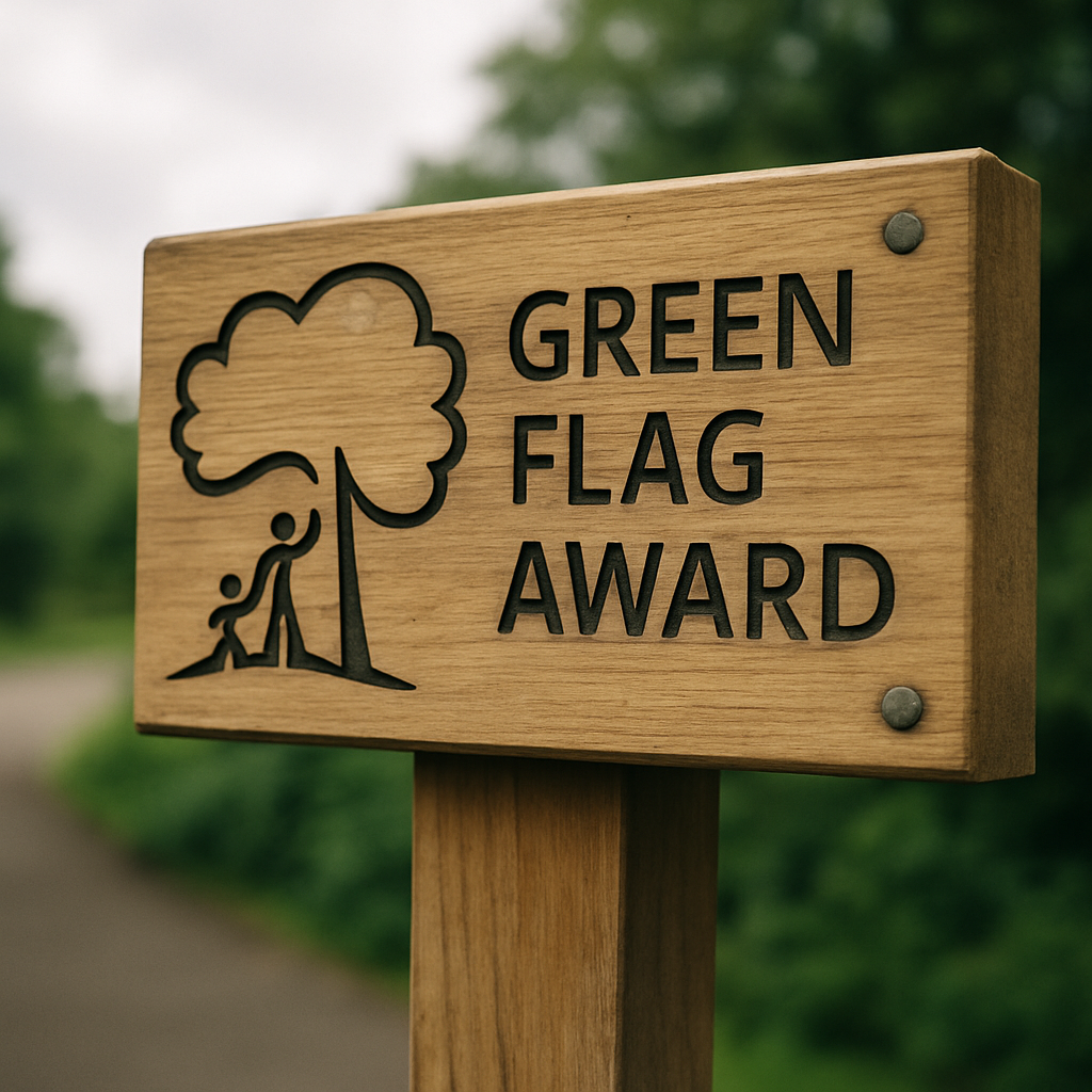 Green Flag Award sign at the entrance to a local green space in the UK