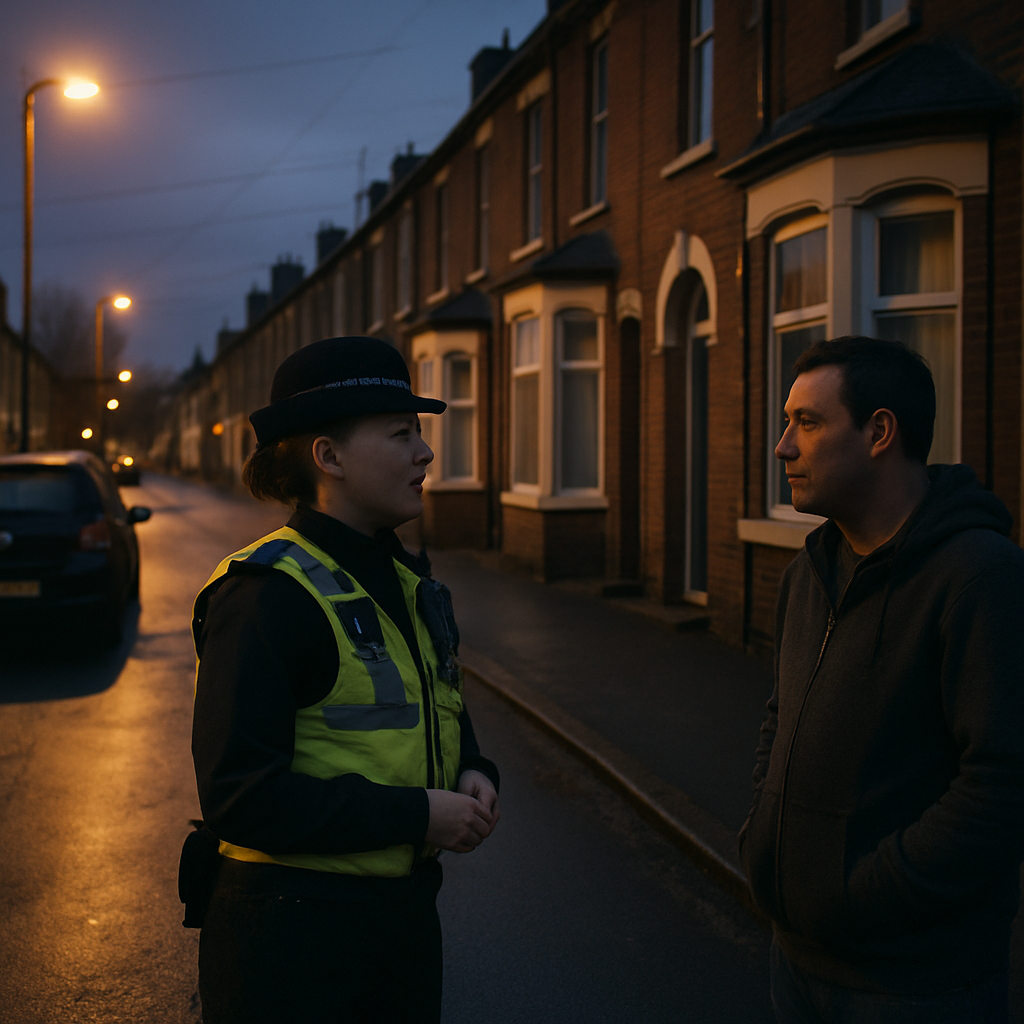 Police community support officer discussing local crime news with a resident on a British residential street