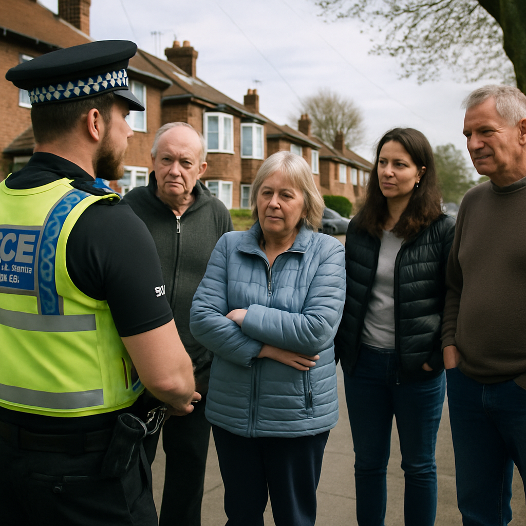 Residents speaking with a police officer as part of a neighbourhood watch scheme meeting on a UK street