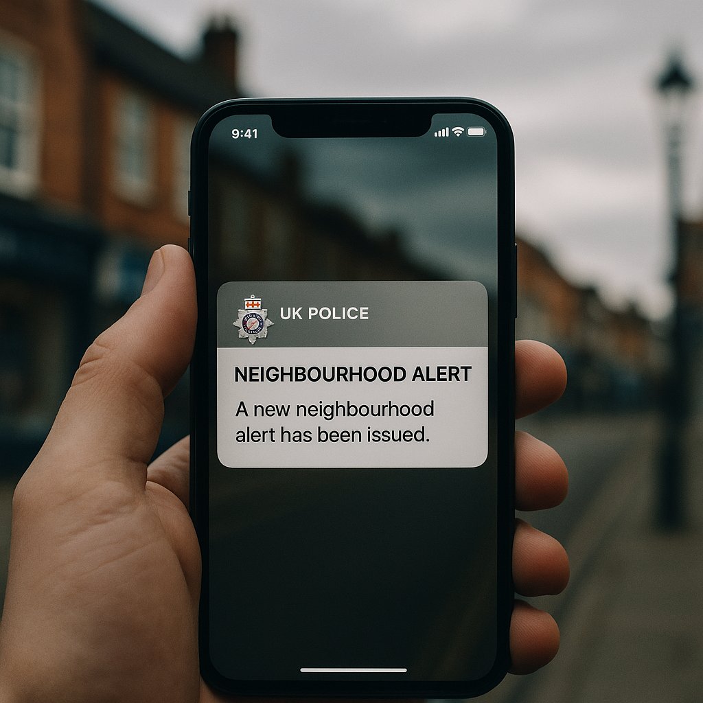 Smartphone showing a local crime news police alert notification in a UK town centre setting