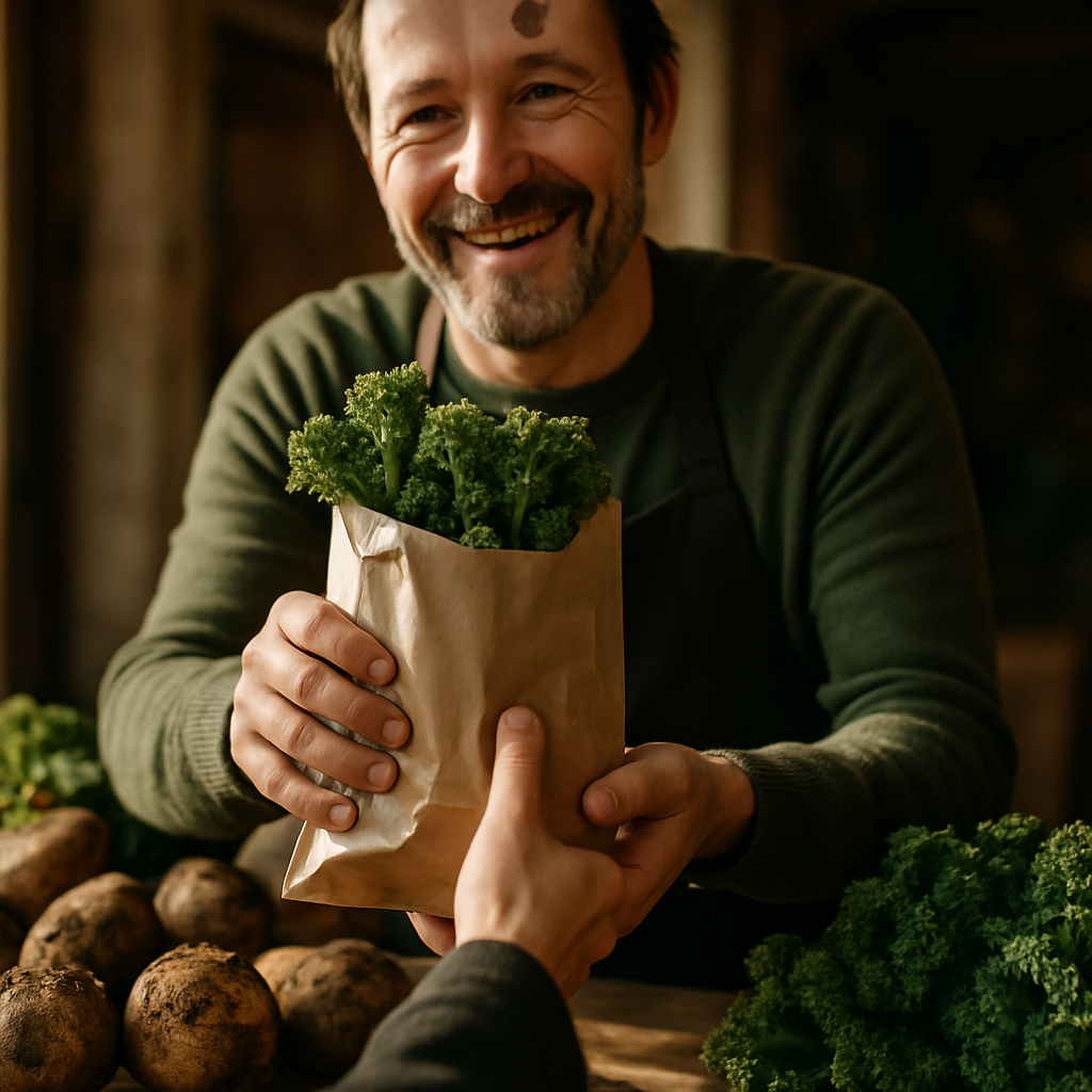 Stallholder at a local farmers market UK handing fresh produce to a customer
