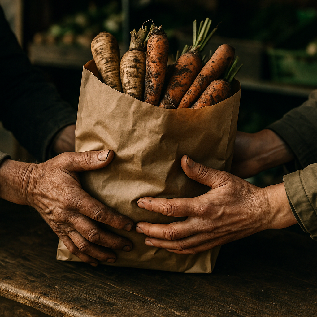 Trader handing over seasonal vegetables at a local farmers market near me