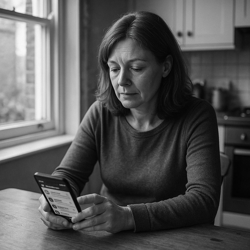 Woman using neighbourhood apps UK on her mobile phone at home in a British terraced house